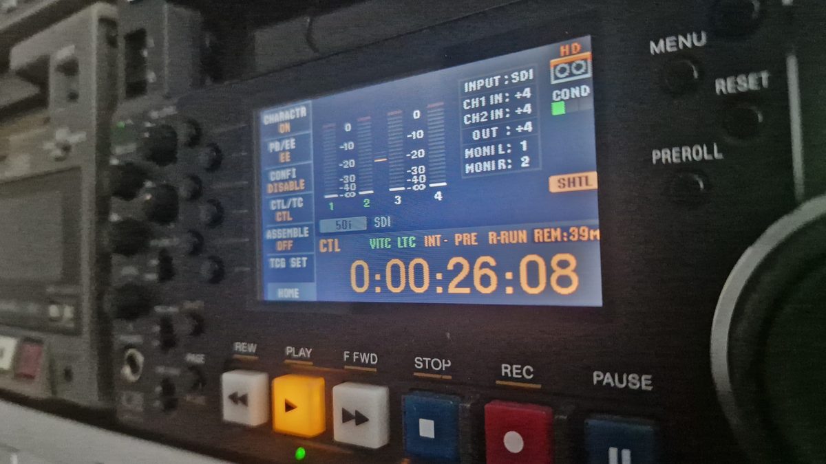 Close-up of professional broadcast tape decks used for tape transfer