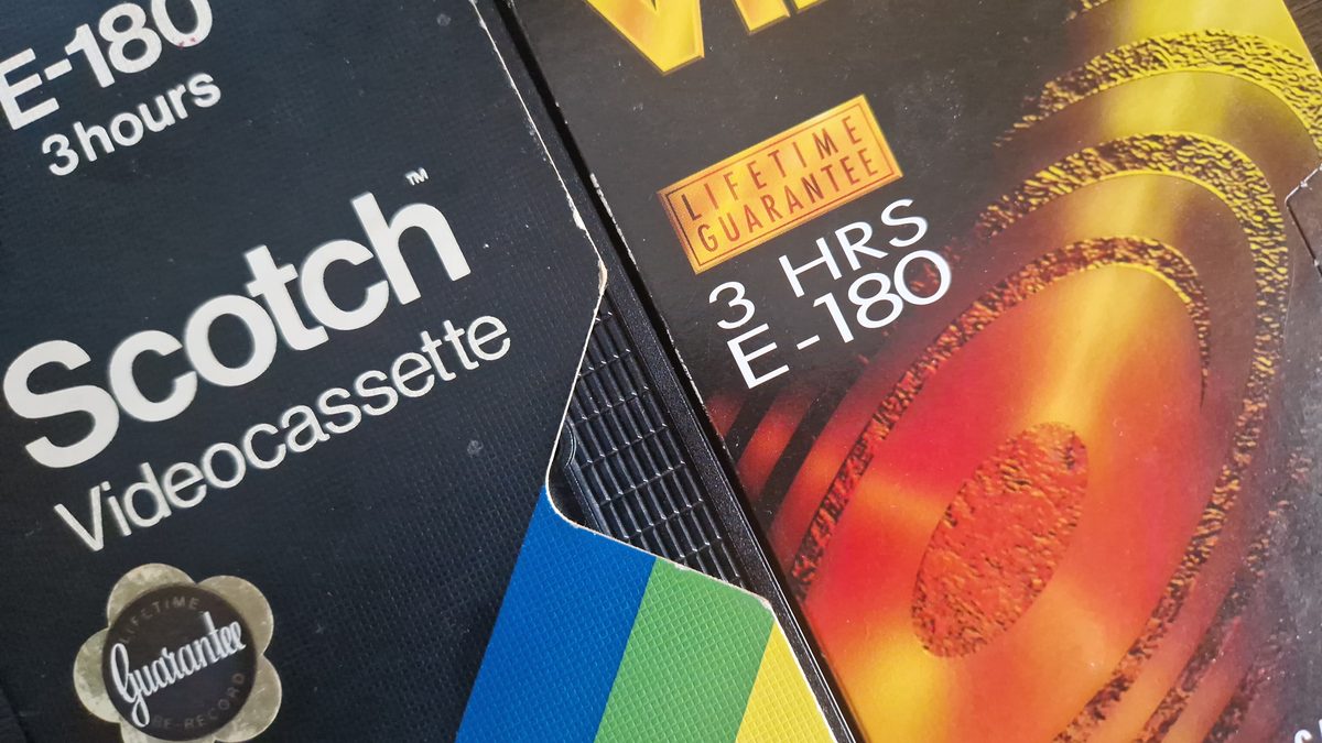 Close-up of Scotch and other VHS video cassettes